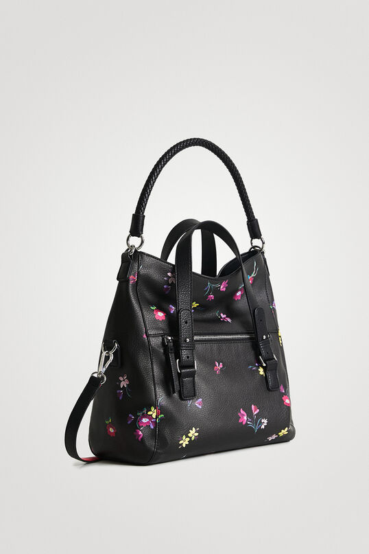 Desigual felhajtható kézi táska plusz vállpántokkal  apró színes festett virágos fekete
