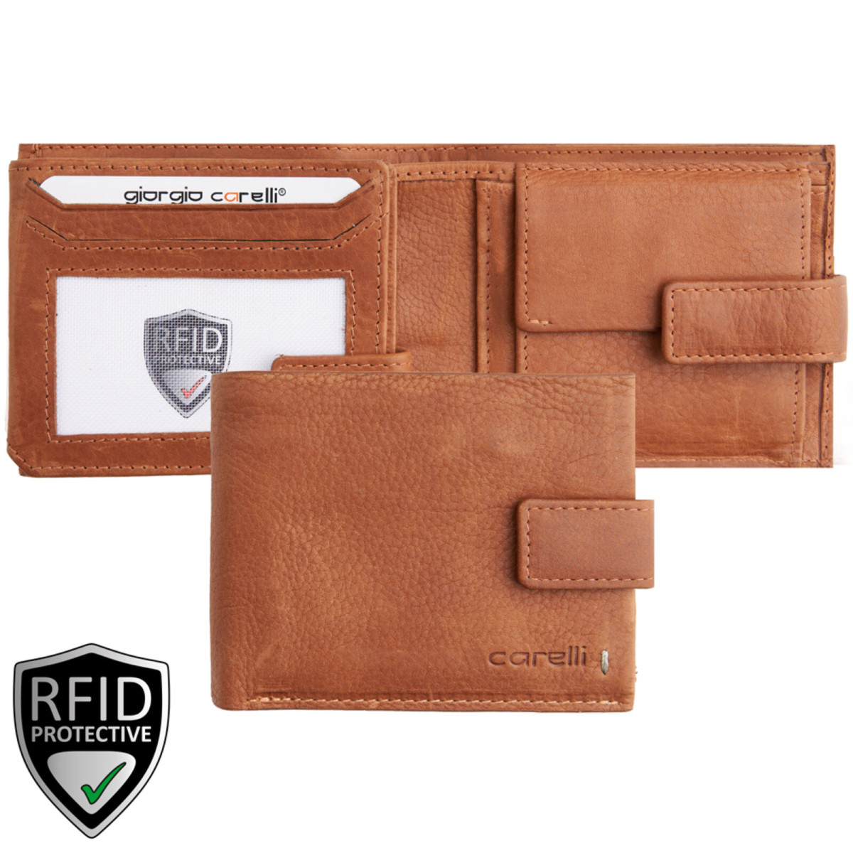 Giorgio Carelli férfi bőr belül kapcsos fekvő pénztrárca fényképtartóval RFID világos barna