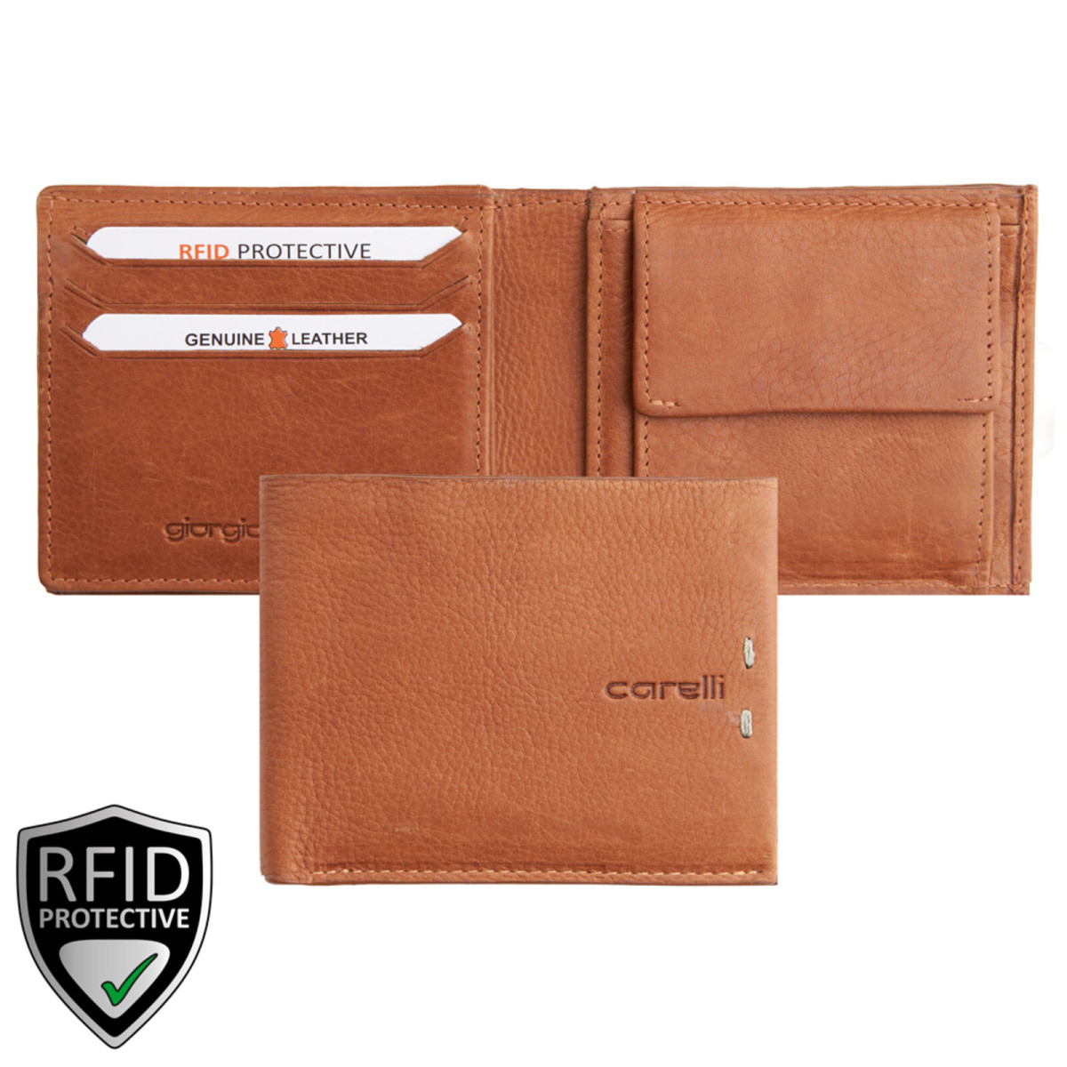 Giorgio Carelli férfi bőr pénztárca fekvő belül patentos fényképtartóval RFID világos barna